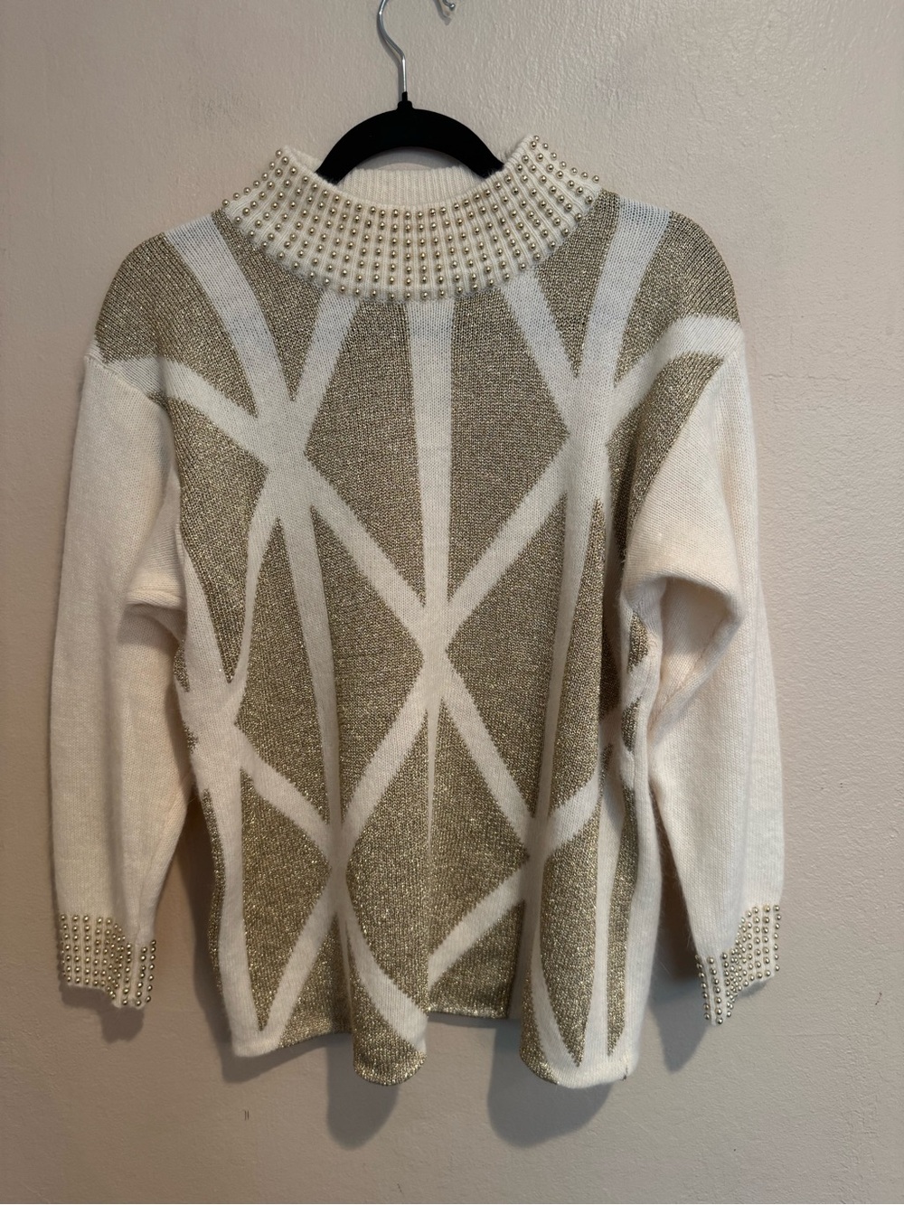 Gold Metallic Geometric Cream Sweater with Gold Pearl-Trim Neck and Cuffs
